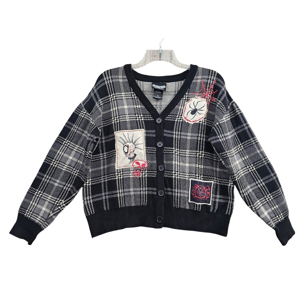 BoxLunch Spider-Man Cardigan Women XL Black Plaid Spider-Punk Patch Knit Sweater